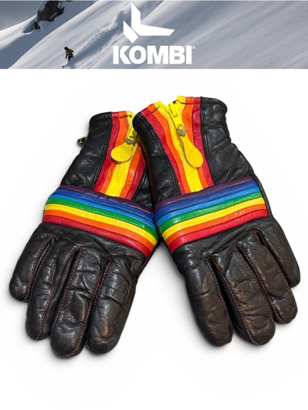 VINTAGE KOMBI RAINBOW STRIPE LEATHER SKI GLOVES BLACK RETRO 70s MADE IN JAPAN